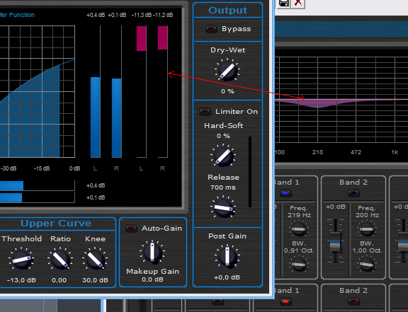 Step 12 - Tweak the parameters of the dynamics plugin on the source track, the dynamics response is now applied to the chosen frequency band on the destination track